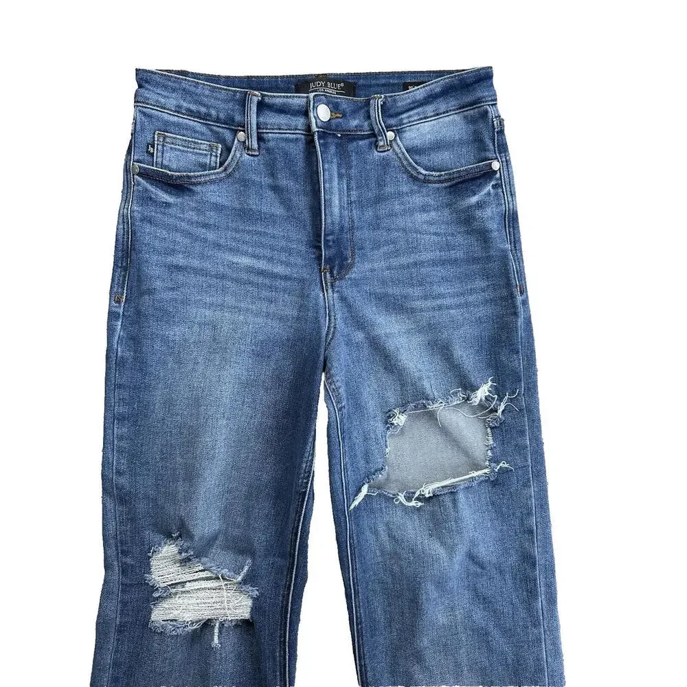 Judy Blue Womens 7/28 Jeans 90's Straight Raw Hem Distressed Stretch Medium Wash - Picture 2 of 7